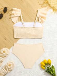 Tween Girls' Summer Vacation Beach Ruffled Tankini Set - Apricot - View 2