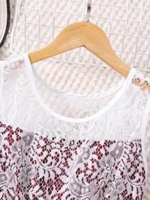 Tween Girls' Elegant Sweet Contrast Color Lace Contrast Mesh Dress Summer Holiday - Burgundy - View 4
