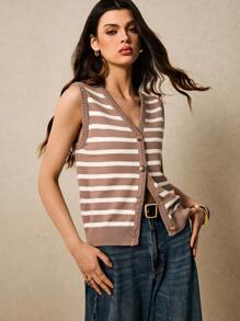 Poéselle 女士休闲条纹无袖开衫毛衣女士条纹开衫轻松时尚必备 - 棕色 - 查看 3