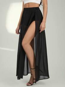 SHEIN Tall Chân váy Maxi xẻ đùi cạp chun - màu đen - Xem 6