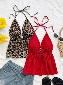 Soleia Set de 2 piezas Camiseta de tirantes con estampado de leopardo sexy para vacaciones, Blusa de cuello en V y espalda descubierta de tela texturizada roja para citas, té por la tarde, vacaciones, festivales de música, estilo bohemio
