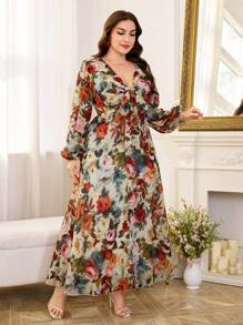 Modelyn Plus Size Floral Print Long Sleeve Fitted Chiffon Dress, Elegant For Spring/Summer Fall Cloth For Women - Multicolor - View 4
