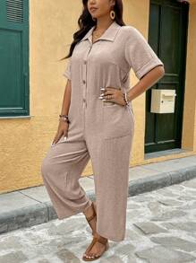 SHEIN LUNE Plus Size Open Collar Rivet Button Short Sleeve Pocket Casual Jumpsuit