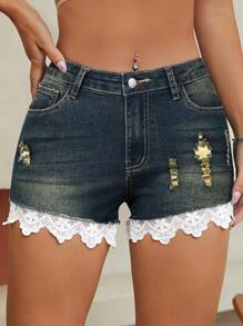 SHEIN Essnce Casual Distressed Lace Trim Denim Shorts - Dark Wash - View 6