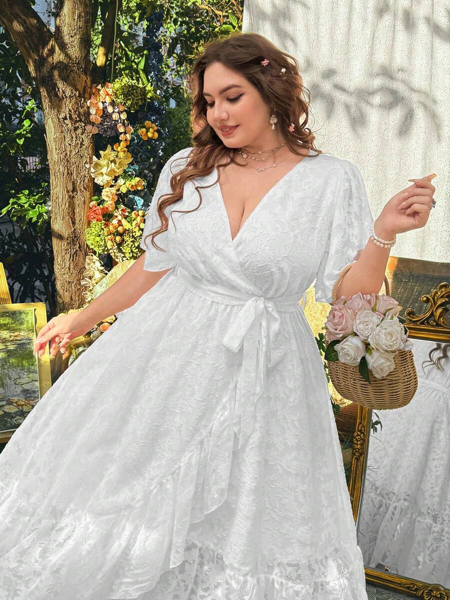 Flirla Vestido de una pieza ajustado con volantes que ajusta la cintura, de estilo europeo y americano, talla grande - Blanco - Ver 1