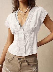 Bohemela Vacation Lace Patchwork Women Shirt - White - View 3