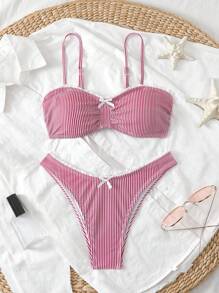 Swim Mod 2pcs/Set Women Summer Striped Print Ruffle Trim Bowknot Bikini Bathing Suit - Red - View 3