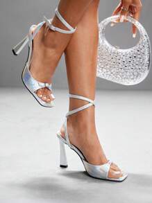 CUCCOO SZL 女士时尚性感方头细高跟凉鞋，适合夏季度假、夜店、派对装扮 - 銀色 - 查看 2