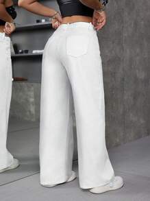 SHEIN ICON 休闲百搭纯色V字低腰阔腿牛仔裤 - 白色 - 查看 2