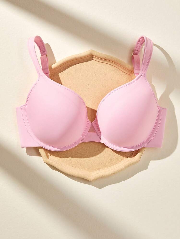 Sujetador básico rosa con soporte de curva plus, soporte de cobertura total suave, tirantes anchos y efecto push-up