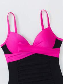 Swim Lushoire 全新夏季纯色拼接聚拢钢圈聚拢肩带蝴蝶结后背优雅连体泳衣