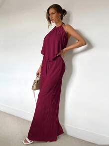 SHEIN Essnce 2pcs/Set Pleated Halter Neck High Split Maxi Dress Island Vacation Outfits - Burgundy - View 3