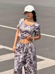 INAWLY 2pcs Women's Camouflage Short Sleeve Top And Pants Set, Minimalist & Fashionable, Suitable For Summer