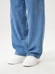 SHEIN Quần jeans ống rộng, thoải mái, cạp chun, thích hợp mặc ngoài trời cho bé trai tuổi teen, đa năng & thoải mái, phong cách thoải mái, phù hợp để mặc hàng ngày, đi nghỉ, du lịch, tụ tập và sinh hoạt tại trường, hàng mới về cho mùa thu 2025 & xuân 2026 - Rửa tối - Xem 8