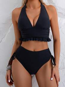 Swim Basics Women's Black Spaghetti Strap Top With Ruffle Hem, Side Drawstring Triangle Bottom Bikini Set For Summer Beach Vacation - Black - View 3