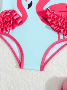 Baby Girl Ruffled Flamingo Print One-Piece Swimsuit, Holiday Beach - Multicolor - View 5