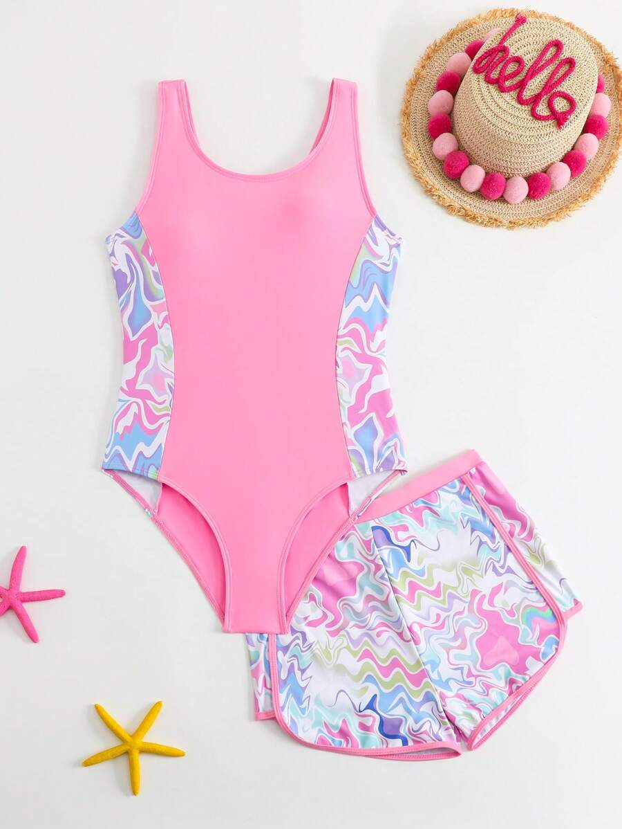 Teen Girls Marble Print One-Piece Swimsuit With Matching Shorts (Print Random) Swimming Clothes For Girls - Multicolor - View 1