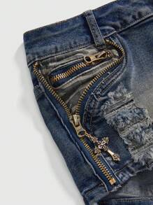 ROMWE Grunge Punk Quần short denim cạp trễ cổ điển dành cho nữ ôm vừa vặn họa tiết Zig-Zag & chắp vá hình chữ thập Y2K - Màu xanh lam - Xem 3