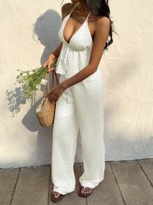Sunnyshic Embroidered Halter Neck Top And Long Pants Beach Outfit - Apricot - View 6