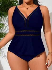 Swim Lushoire Women's Plus Size Black Solid Color Slimming Swimwear Two Pieces Set, Casual Vacation Beach Outfit For Summer - Navy Blue - View 4