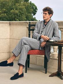 EverLounge Men's Plaid Two-Pocket Long Sleeve Robe - Black and White - View 6