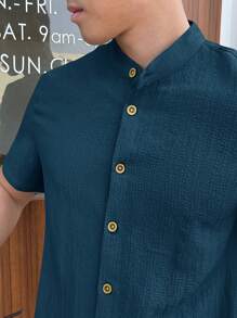 Manfinity BRENVOR Woven Solid Color Button Front Casual Short Sleeve Blue Shirt, Suitable For Summer