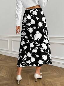 Glamance Vecteezy Chân váy midi họa tiết hoa thời trang dành cho nữ: Chân váy vải dệt in họa tiết đen trắng theo phong cách Boho Chic có đường xẻ cao đến đùi - màu đen - Xem 2