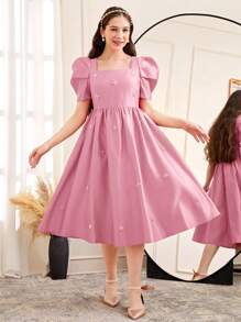 SHEIN 少女优雅串珠方领羊腿袖荷叶边下摆缎面 A 字裙，适合婚礼、派对、生日和聚会，春夏季 - 粉色 - 查看 1