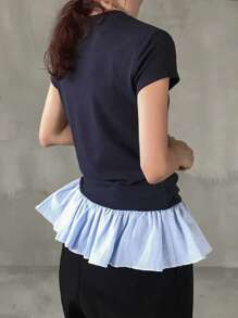 FRIFUL Women Striped Y2K Tight Fitted Raglan Sleeve Contrast Color Ruffle Hem T-Shirt Top - Blue - View 4