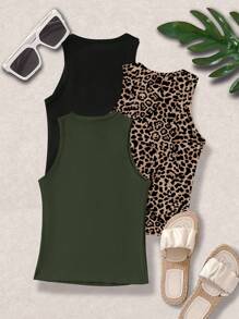 SHEIN LUNE Atasan Kasual Tanpa Lengan Leher Bulat Ukuran Besar, Kaos Motif Cheetah Minimalis untuk Pemakaian Sehari-hari - MultiWarna - View 2