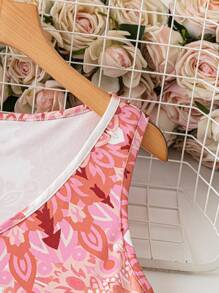 SHEIN LUNE Plus Size Women Floral Print V-Neck Sleeveless Casual Dress - Orange - View 3