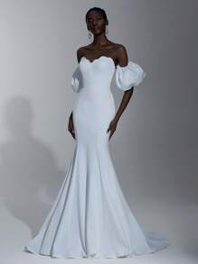 Elitara 优雅简约可拆卸荷叶边袖子和下摆美人鱼风格礼服，适合婚礼、典礼、新娘 - 白色 - 查看 7