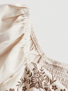 SHEIN MOD 70 年代复古卡其色波西米亚风花卉印花系带泡泡袖衬衫 - 完美的假日和西式风格沙滩装、夏季、海滩、度假女士、狂欢、乡村音乐会