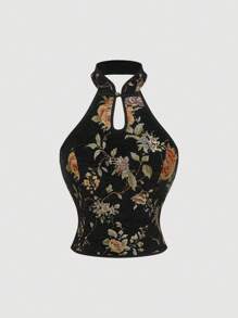 SHEIN MOD 复古黑色新款中式花卉提花旗袍领挂脖露背上衣 - 梦幻浪漫风格，适合海边、假日、约会、野餐和派对、Y2k、夏季、复活节女装上衣、度假、狂欢、音乐会女装、早午餐、西部服饰女装、上衣、乡村音乐会 - 黑色和金色 - 查看 2