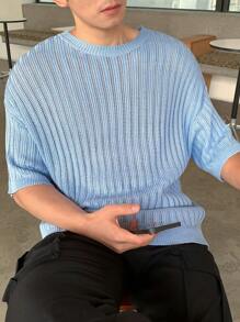 Manfinity CasualKnits Men's Solid Color Knitted Crew Neck Short Sleeve Top, Fashionable For Summer - Blue - View 1