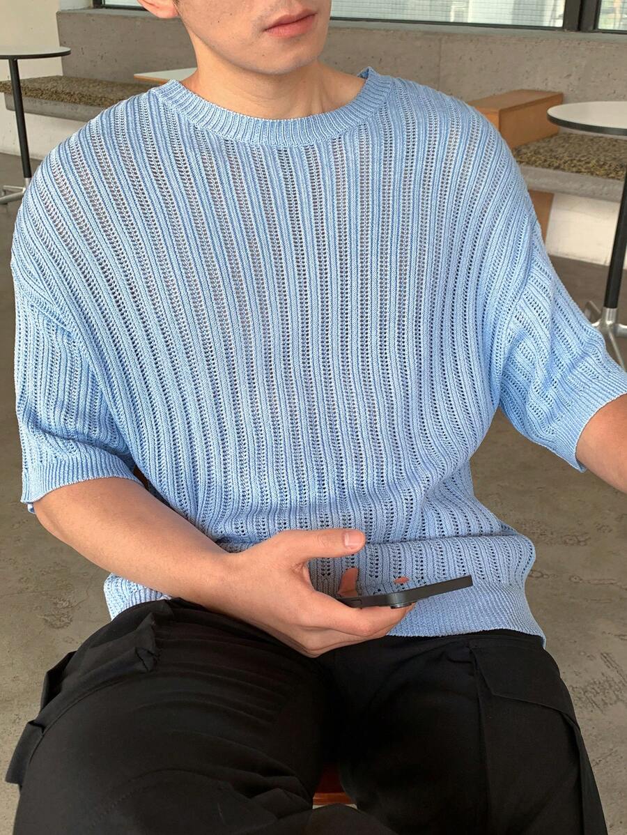 Manfinity CasualKnits Men's Solid Color Knitted Crew Neck Short Sleeve Top, Fashionable For Summer - Blue - View 1