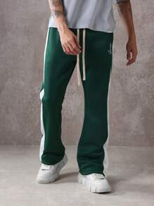 SUMWON 运动性能喇叭裤拼色侧条纹训练裤宽松复古风格健身健身房冬季休闲裤 - 墨綠色 - 查看 2