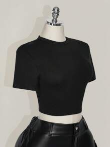 SHEIN ICON Plus Size Women Solid Color Short Sleeve Chinese Dragon Net Mesh Backless Y2K Going Out Fall Graphics Woman Black T-Shirt Goth Goth - Black - View 9