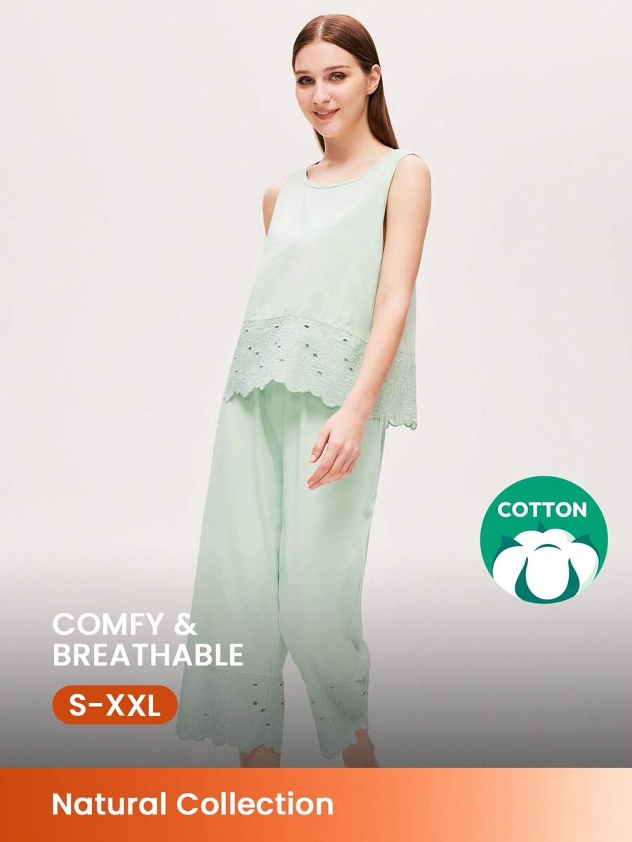 LUVLETTE Wedding Essential Embroidered Long PJ Set Cotton Bridesmaid Airy Women Pajamas Pants With Pockets Lingerie As Outerwear - Green - View 1