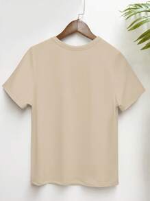 Chiquease 可爱熊数码印花女士休闲短袖 T 恤，舒适百搭，适合日常穿着 - 卡其色 - 查看 2