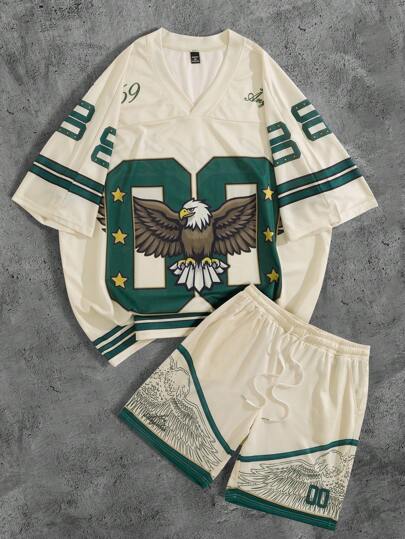 Manfinity EMRG 大码男士数字印花 V 领 T 恤和短裤套装