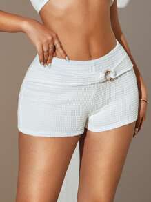 Sirith Summer Elastic Waist Solid Textured Shorts With Metal Decoration - White - View 6