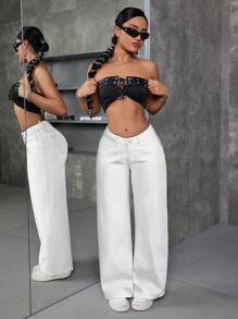 SHEIN ICON 休闲百搭纯色V字低腰阔腿牛仔裤 - 白色 - 查看 4