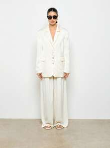 AiiRZ Premium Satin Oversized Blazer Professional Business Executive Double Breasted Wedding Guest Party Occasion Evening Dinner Blazer Fall Winter Professional Office Suit Jacket - Beige - View 3