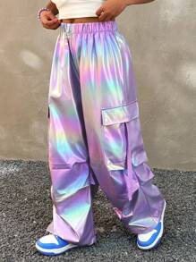 Coolane Kids Tween Girls Spring/Summer Pink Flap Pocket Side With Ribbon Drawstring Waist Wide Leg Parachute Cargo Pants Daily Casual Comfy Trousers - Mauve Purple - View 3