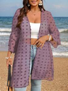 SHEIN LUNE Plus Size Solid Color See-Through Casual Loose Vacation Jacket - Dusty Pink - View 4