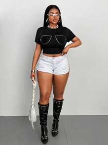 Maweii Plus Size Sexy Style Metal Zipper Short Sleeve T-Shirt - Black - View 5