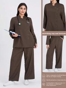 Scrubzie Set de 2 bucăți pentru femei, top și pantaloni, cu mânecă lungă, cu guler antirid