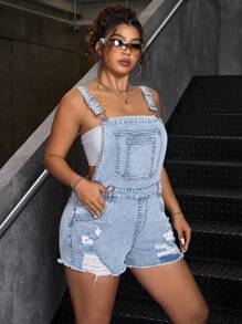 SHEIN ICON Casual Fashion Versatile Washed Distressed Denim Bib Overall Pants