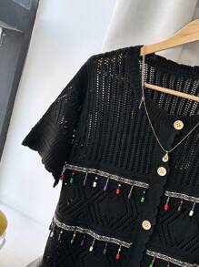 Flirla Plus Size V-Neck Solid Color Short Sleeve Tassel Hollow-Out Loose Bohemian Cardigan For Women, Suitable For Summer